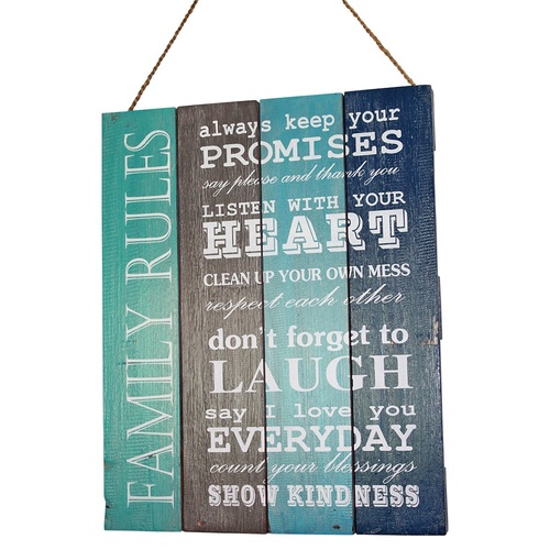 50cm "Family Rules" Quotes on Wooden Panel Hanging Sign, Beach House