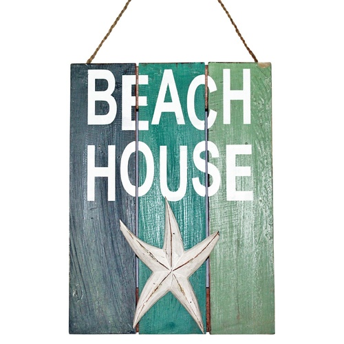40cm "Beach House" with Starfish Motif on Wooden Panel Hanging Sign