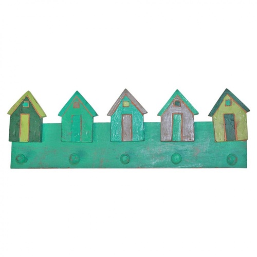 50cm Wooden Hanger Key Rack with Beach Houses in Turquoise Hand Painted