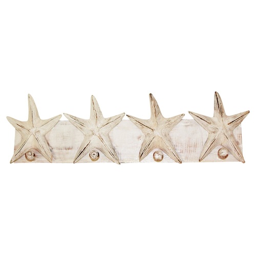 50cm x 16cm Keys/Coat Hanger Rack with White Wooden Starfish Motifs, Beach House