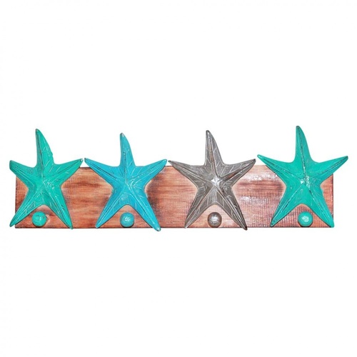 50cm x 16cm Keys/Coat Hanger Rack with Starfish in Blue and Wooden, Beach House