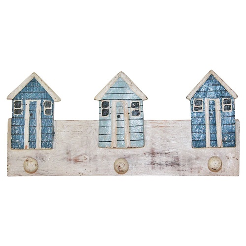 35cm Wooden Hanger Key Rack with Beach Houses in Blue/White Hand Painted