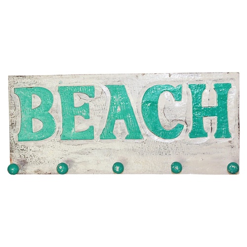 45cm Wooden Hanger Key Rack with BEACH White, Hand Made & Painted