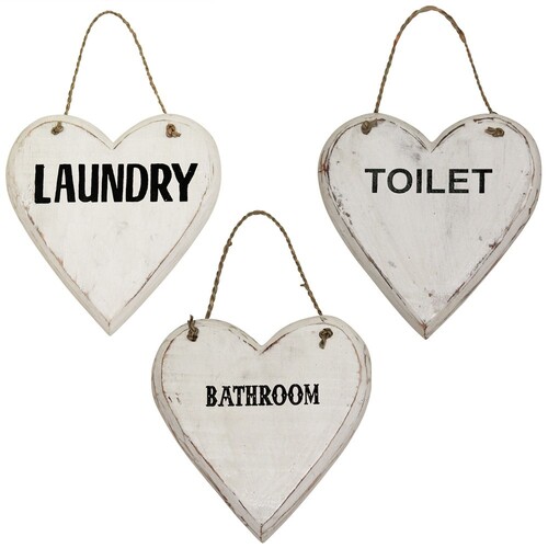 3pce Set Love Heart Wooden Hanging Signs 20cm Laundry, Toilet, Bathroom