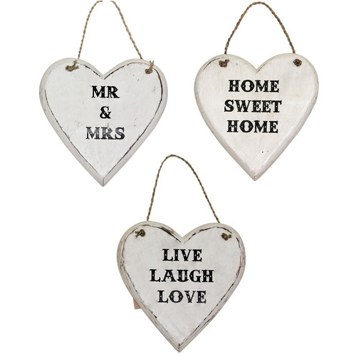 3pce Set Love Heart Hanging Signs 20cm Mr & Mrs, Home Sweet Home, Live Laugh Love