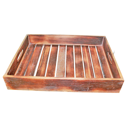 42cm Natural Brown Wooden Carry Tray with Slats, Hand Made, Beach House
