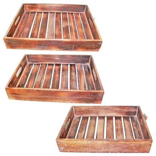 Natural Brown - Set of 3 Wooden Carry Trays With Slats, Hand Made, Beach House