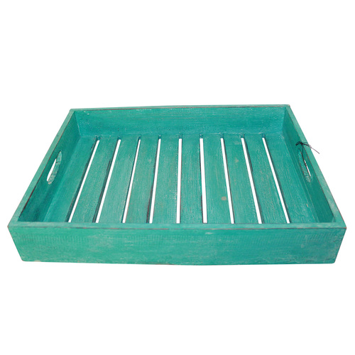 1pce 42cm Turquoise Blue Wooden Carry Tray with Slats, Hand Made, Beach House