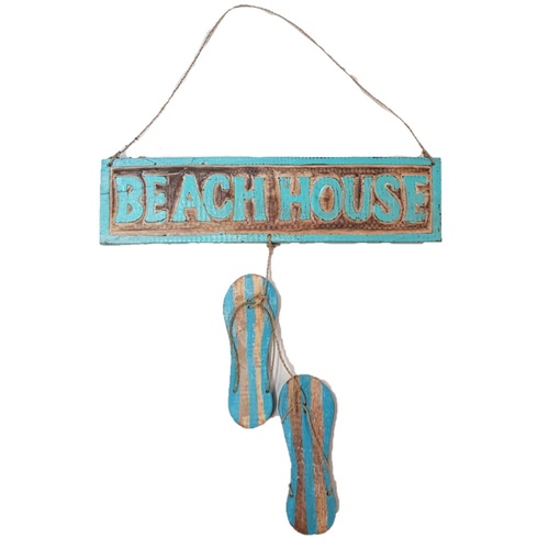 50cm Turquoise Beach House Thong Sign Natural Wash Wooden Hand Made Motif