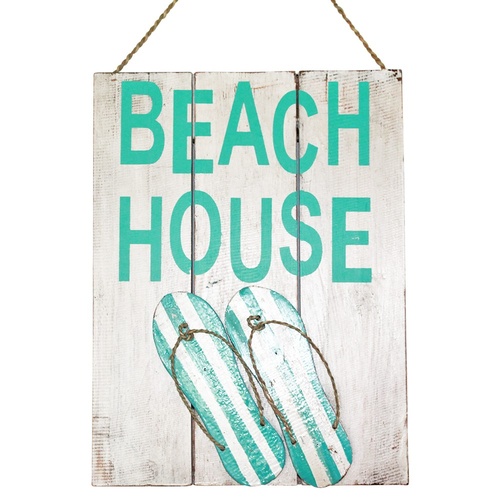 40cm x 30cm "Beach House" with Thongs, Flip Flops, Blue & Wooden Sign
