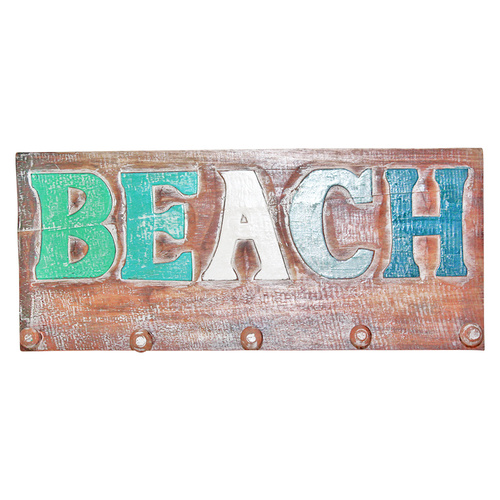 45cm Wooden Hanger Key Rack with BEACH in Multi Blue, Hand Made & Painted