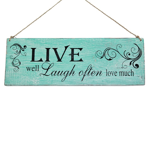 40cm x 15cm "Live, Laugh Often" Inspirational Quote On Wooden Sign, Vintage Style Aqua Blue