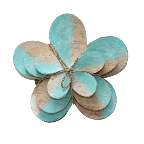 Turquoise / White Nest of 3 Frangipani Hand Carved Wooden Flowers