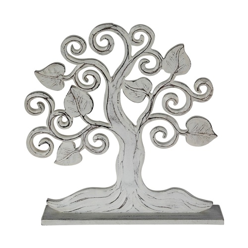 27cm Hand Carved Tree of Life Wooden Deco Piece in White Wash, Self Standing