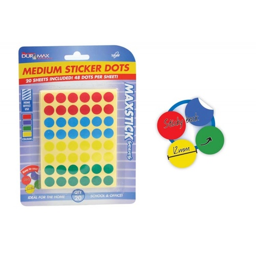  20 x Sheets (960 Dots) Medium Sticker Dots Round Red, Blue, Yellow & Green 1.2cm Diameter