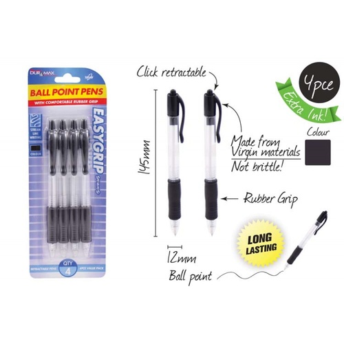 4pce Black Ball Point with Rubber Easygrip, Great for Home, School, Work