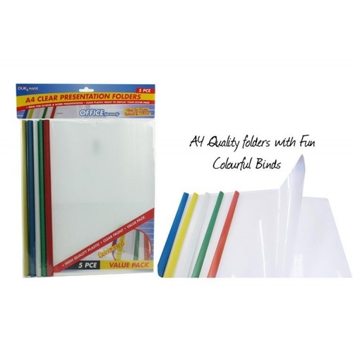 5pce A4 Clear Presentation Folders with Plastic Spine. 5 Assorted Colours