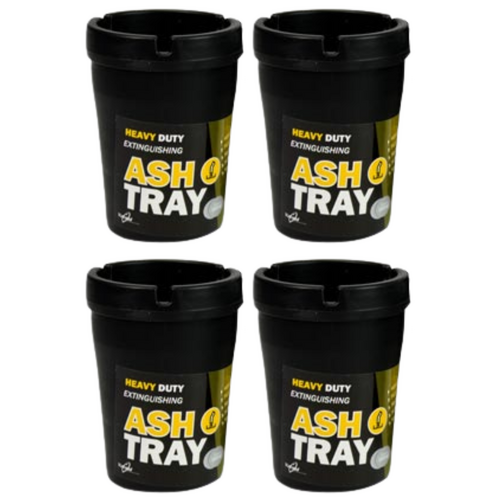 4x Butt Buckets Ash Tray Set 8x11cm Black Smoke Bin Waste Holder w/ Lid Plastic