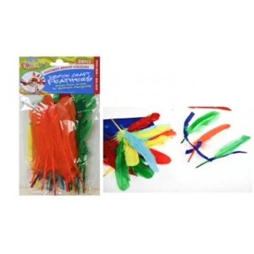 28pce Craft Feathers with Stem Bright Colours 20cm