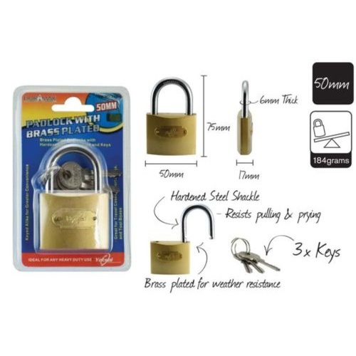1pce Padlock 50mm Brass Plated, suitable, bike, gate, general, shop, purpose