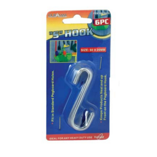 6pce Small S Hooks 60x30mm Durable Metal Hanging 15kg Rated