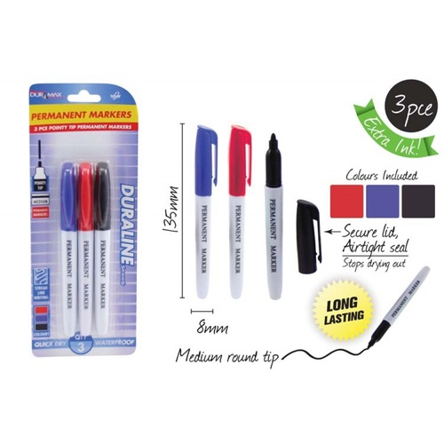  3pce Permanent Markers with Pointy Tip. Blue, Red, Black. 3 Assorted Colours