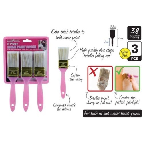 3pce Paint Brush Set 38mm Wide x 21cm High Hot Pink Collection