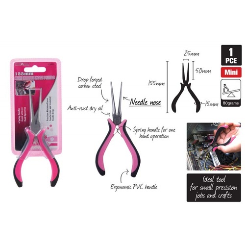Pink - 115mm x Mini Needle Nose Pliers. Sprint Handles. Precision Machined Jaws 