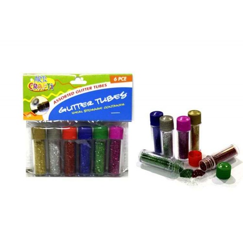 6pce Glitter Tubes - Screw Top 6 Assorted - Gold, Silver, Red, Blue, Green, Pink