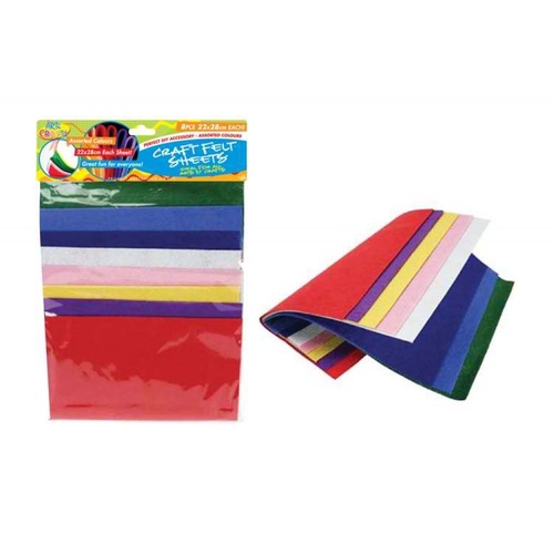 8pce Assorted Coloured Felt Sheets, A4 Size, 22x28cm 8 Different Colours