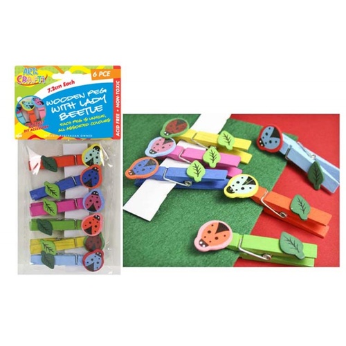 6pce Wooden Lady Beetle Craft Pegs 8cm, Great for Card Displaying, Scrapbooking