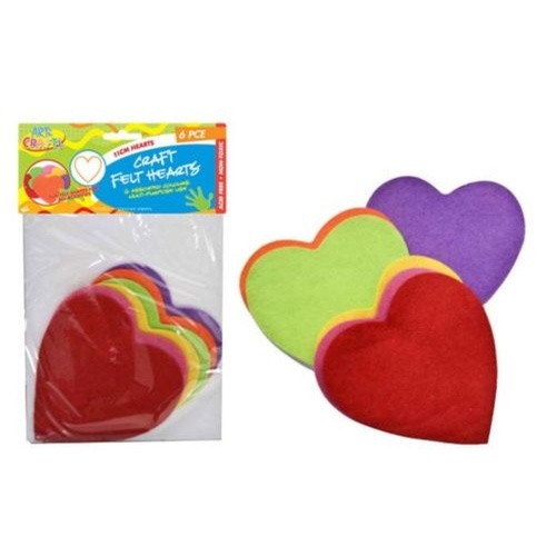 6pce Felt Hearts 11cm, 6 Colours Great for Art and Craft and Scrapbooking