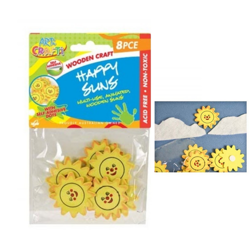 8pce Wooden Emoji Face Suns for Card Making, Scrapbooking, School Projects