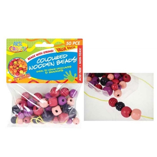 50pce Pink and Purple wooden beads, great for necklaces or bracket craft