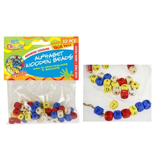 52pce Wooden Alphabet Beads Assorted Colours