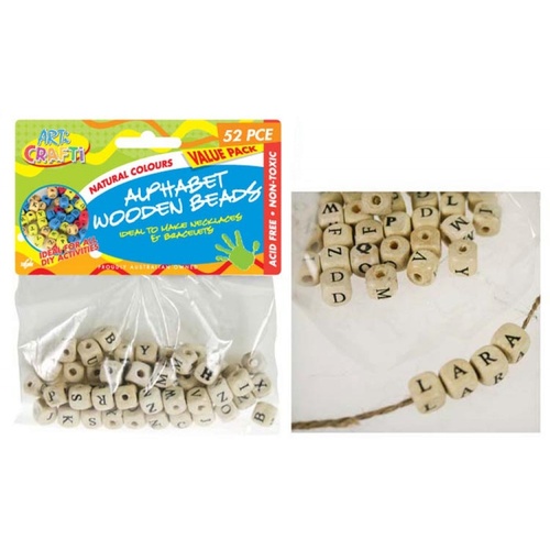 52pce Wooden Alphabet Beads Natural Colour