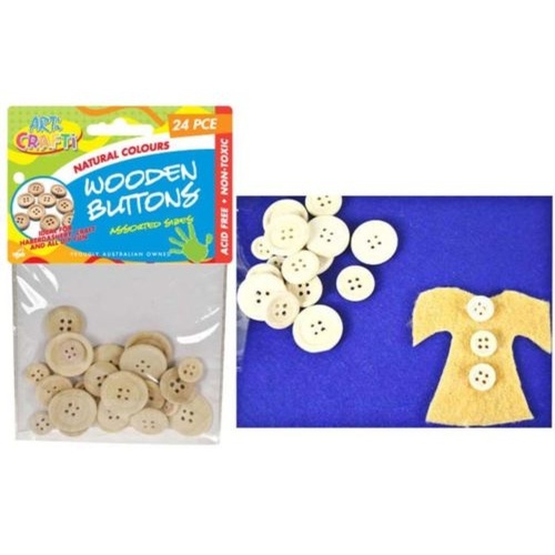24pce Wooden Craft Buttons. Natural. Assorted Sizes - Scrapbooking, Craft, Dolls