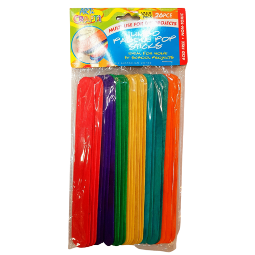 26pce Jumbo Paddle Pop Sticks 19cm Multi Coloured Wooden