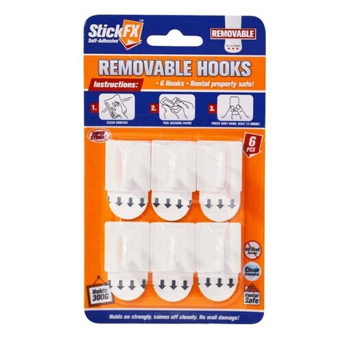 6pce Self Adhesive Hooks 300g Rated Removable Suitable for Pictures & Photos