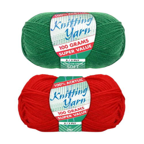Red & Green Knitting Wool Yarn Christmas Set 2 Rolls Set 8/3 Ply 100% Acrylic