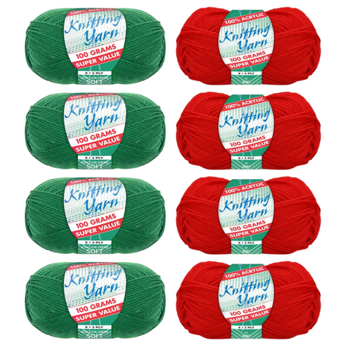 Red & Green Knitting Wool Yarn Christmas Set 8 Rolls Set 8/3 Ply 100% Acrylic