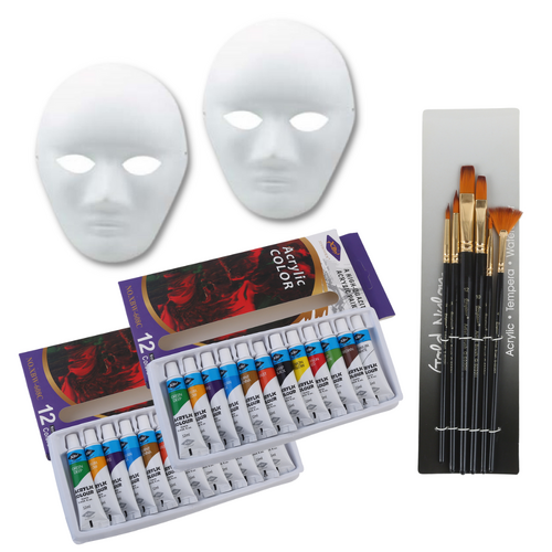 Paper Face Mask Painting Party Dress Up Set w/Acrylic Paints & Brushes
