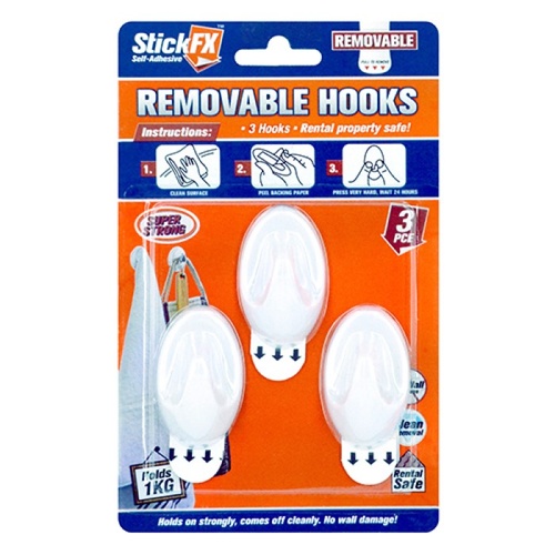 3pce Self Adhesive Hooks 1kg Removable 5cmH Suitable For Photos/Frames