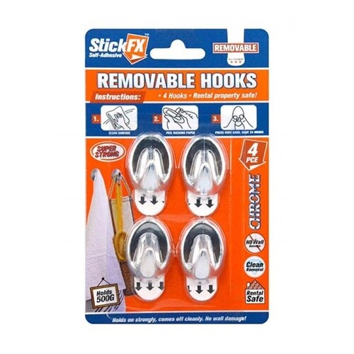 4pce Chrome SelfAdhesive Hooks, Holds 500g Stick FX Hangers, Clean Removable