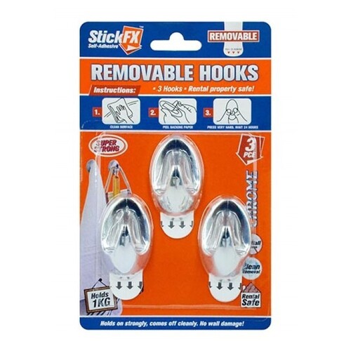 3pce Chrome Self Adhesive Hooks, Holds 1kg Stick FX Hangers, Clean Removable