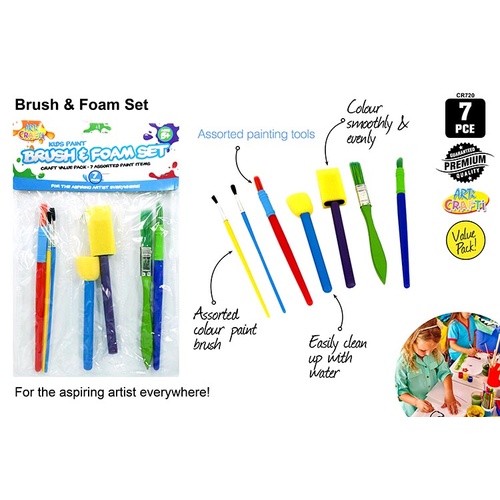 7pce Kids Craft Paint Brush & Sponge Set