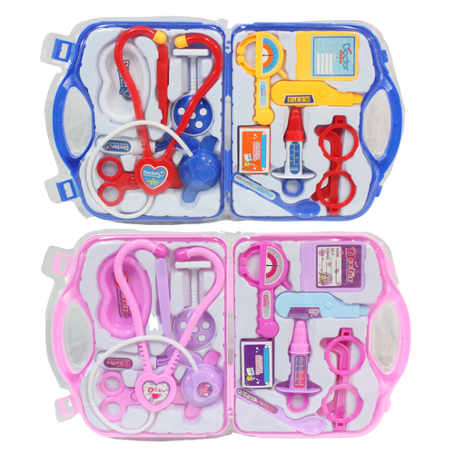 2x Kids Doctor Play Sets with Carry Cases Role Play 14pce Inside Each Blue & Pink