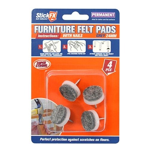 Furniture Sliders Glides Felt Pads with Nails 4pce Grey 24mm