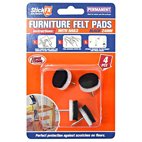 Furniture Sliders Glides Felt Pads with Nails 4pce Black 24mm