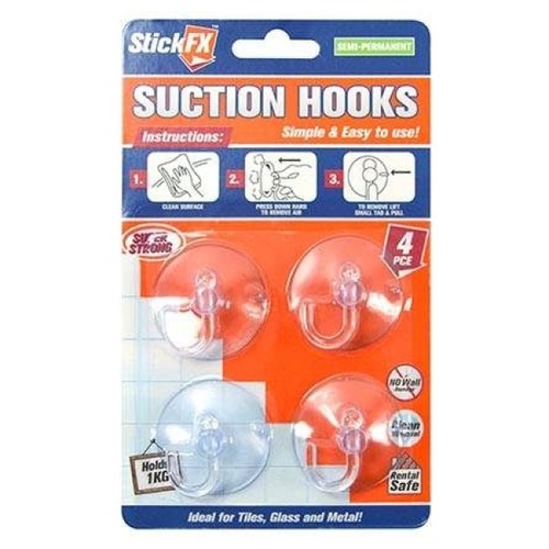 4pce Suction Hooks Holds 1kg 4cm Swivel Clear Suitable for Photos/Frame